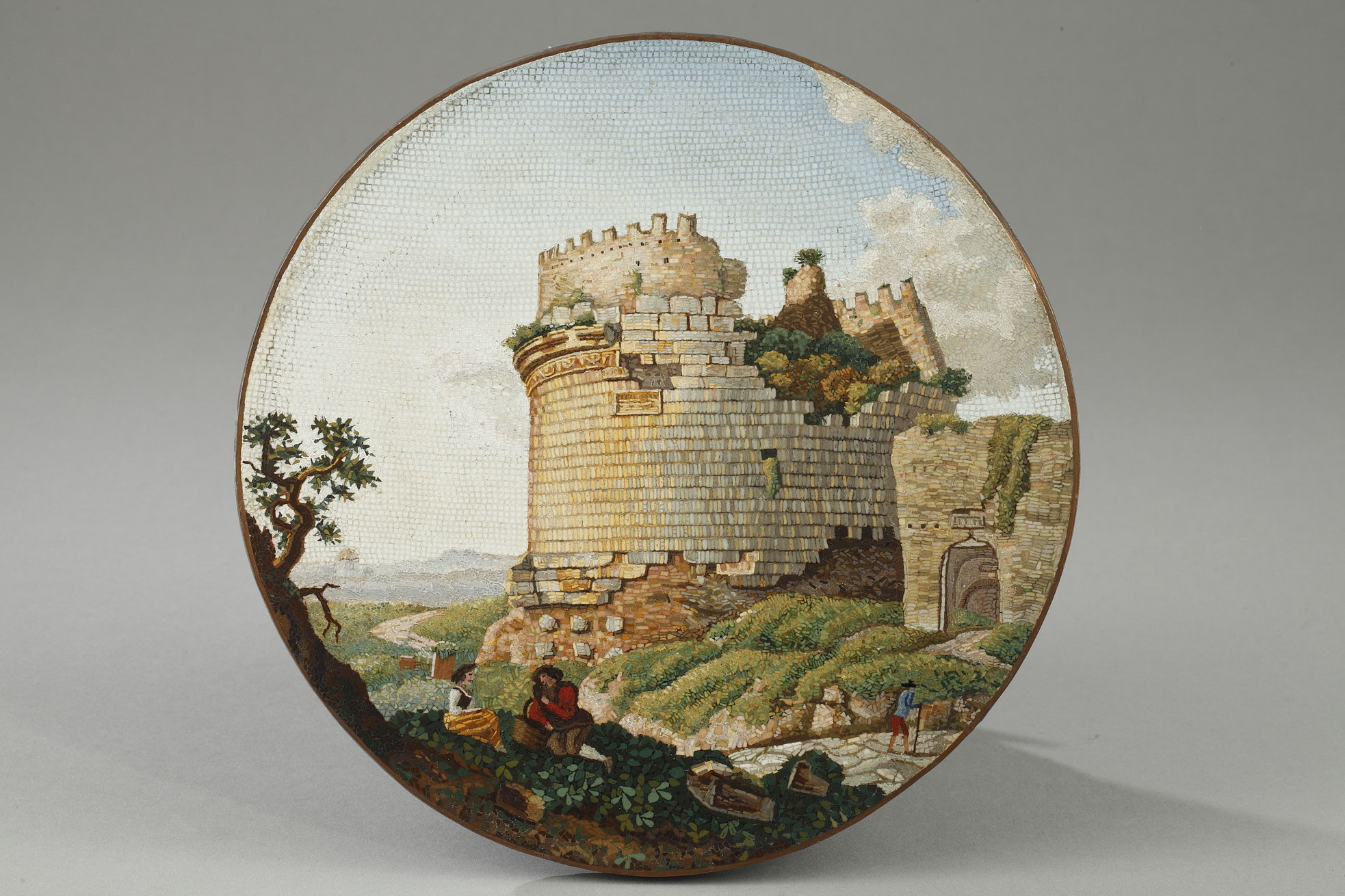 Circular micromosaic plaque representing The Mausoleum of Cecilia Metella